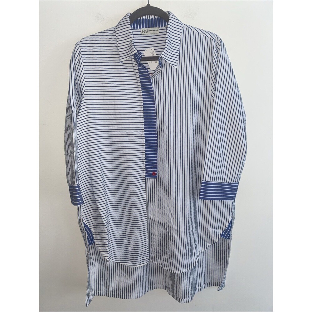 NWT Neiman Marcus Shirt White Blue Stripe 3/4 Sleeve Women's Large Lagenlook